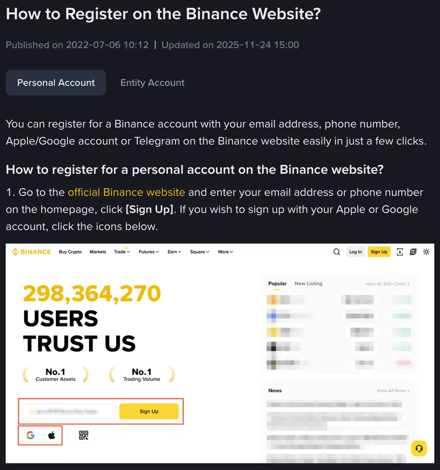 Binance's website registration help with the Personal Account tab picked over Entity Account, an intro naming email, phone, Apple/Google and Telegram as ways to sign up, and a homepage mock-up with the sign-up area outlined in red