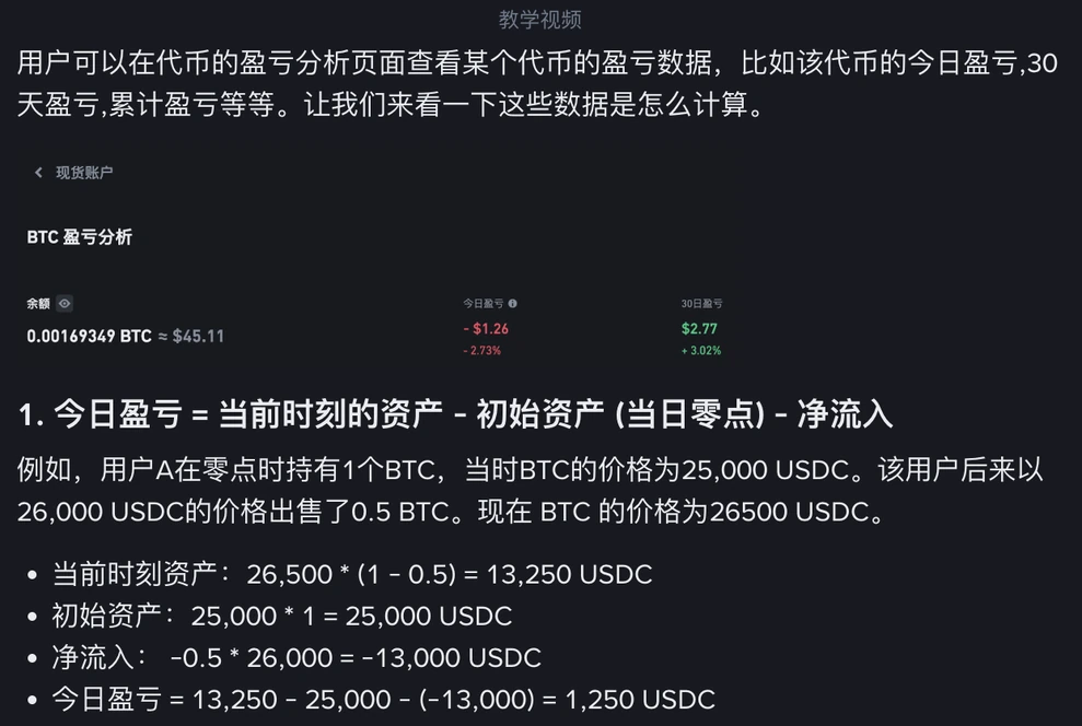 Screenshot of the Simplified Chinese version of the Binance Help Center article on how spot token PnL is calculated, showing the official sample image of the PnL analysis page, the today's PnL formula and the worked example of selling half of 1 BTC