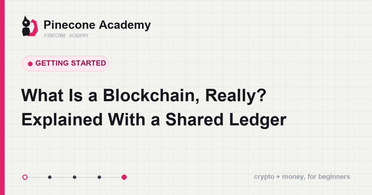 Blockchain analogy: one public ledger shared by a whole village, with each page locked to the next