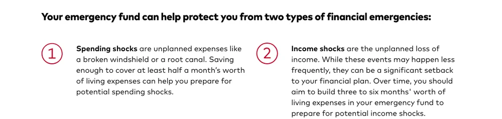 Screenshot of Vanguard's investor education page listing the two kinds of shock an emergency fund has to cover: spending shocks and income shocks